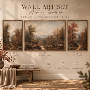 May include: A wall art set titled Autumn Landscape consisting of three prints. Two vertical prints measure 16 x 24 inches, and one horizontal print is size A1. The artwork depicts a forest landscape with mountains, trees, and a path in autumn colors.