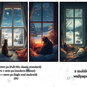 Puede incluir: Un conjunto de cinco fondos de pantalla digitales con escenas invernales acogedoras. Cada imagen muestra un gato mirando por una ventana un paisaje nevado. Las imágenes están disponibles en varias resoluciones para dispositivos móviles. El texto en la imagen dice "5 mobile wallpaper".