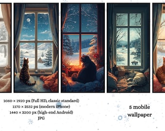 Winter Cat Phone Wallpaper Pack | Cozy Snowy Window View Backgrounds | Cute Aesthetic Mobile Wallpapers for iPhone & Android