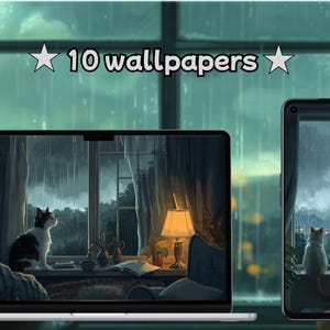 Puede incluir: Fondos de pantalla digitales que muestran una escena acogedora de día lluvioso con un gato mirando por una ventana. La imagen se muestra en un portátil y un smartphone, con el texto "10 wallpapers".