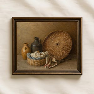 Rustic Still Life Wall Art Printable, Vintage Basket & Pottery Painting, Farmhouse Decor, Cottage Kitchen Art, Digital Download