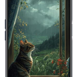 May include: A digital art image on a smartphone screen depicts two cats by a window. One cat looks out at a rainy landscape. The scene includes a window, curtains, and a view of a forest and mountains.