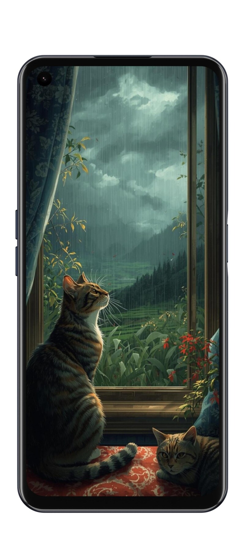 May include: A digital art image on a smartphone screen depicts two cats by a window. One cat looks out at a rainy landscape. The scene includes a window, curtains, and a view of a forest and mountains.