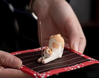 Handmade Ceramic Stretching Cat Incense Holder - Pottery Kitty Burner