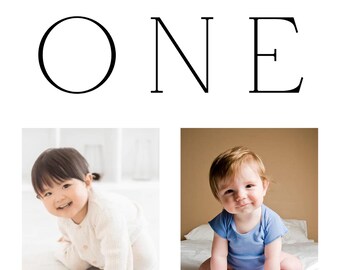 May include: A white background with the text "when we were ONE" in black. Below are two photos of babies. The date "October 4, 2025" and names "Abby & Grayson" are also printed in black.
