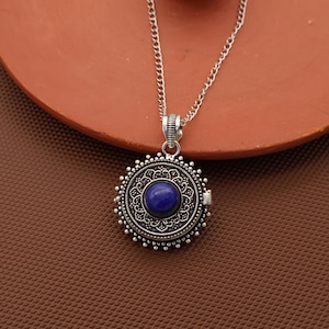 Silver Poison Box Pendant Necklace with Blue Stone Hidden Locket
