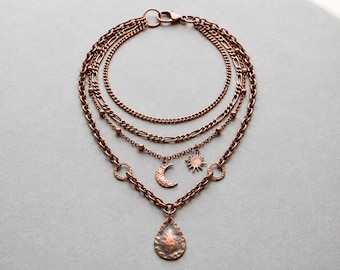 Gelaagde hemelse koperen ketting, hanger met halve maan en zon, choker met meerdere strengen druppelvormige edelstenen, hemels cadeau voor haar