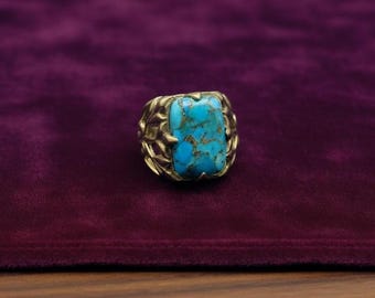 Turquoise statement ring, blauwe turkoois gouden ring, handgemaakte messing edelsteen ring, boho dikke ring, uniseks sieraden cadeau