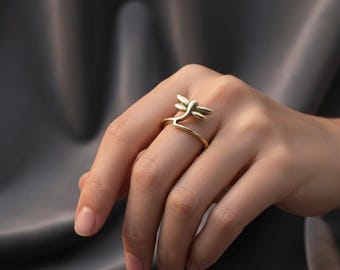 Gouden libellering, verstelbare open ring voor vrouwen, minimalistische natuursieraden, sierlijke boho-ring, cadeau voor haar