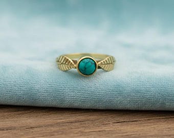 Ring turkoois blad, gouden edelsteenring, door de natuur geïnspireerde verstelbare ring, handgemaakte koperen ring, boho minimale sieraden