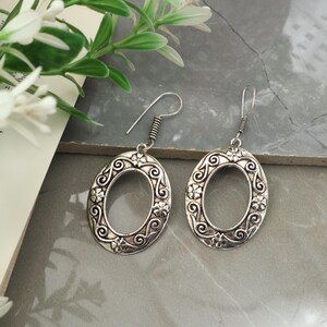 Brass Oval Dangle Earrings – Vintage Inspired Boho Jewelry, Engraved Floral Drop Earrings, Antique Brass Statement Jewelry