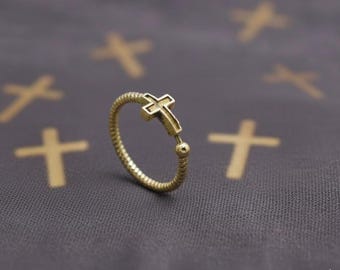 Minimal Cross Ring, Adjustable Gold Cross Ring, Christian Faith Ring, Dainty Religious Jewelry, Minimalist Stacking Ring