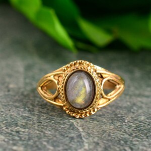 Labradorite Gemstone Ring – Handmade Brass Boho Jewelry, Vintage Statement Ring for Women