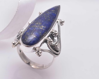 Lapis lazuli-instructiering, sterlingzilveren boho-ring, blauwe edelsteen handgemaakte ring, marquise steen sieraden cadeau voor haar