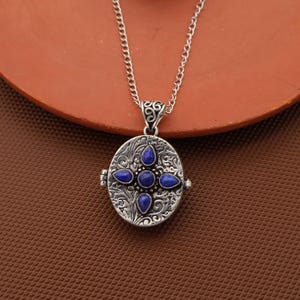 Silver Poison Box Pendant Necklace with Blue Stone Cross Secret Locket