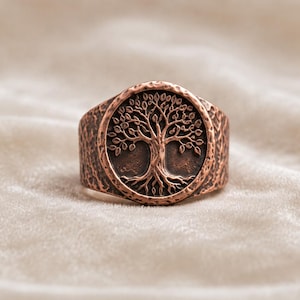 Copper Tree of Life Ring, Antique Vintage Signet Ring, Rustic Copper Statement Ring, Nature Inspired Men Women Jewelry,Spiritual Symbol Gift