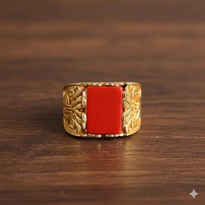 Red Stone Gold Ring for Men, Vintage Statement Ring, Rectangular Ruby Look Ring, Handmade Gold Jewelry, Bold Ring Gift for Him