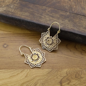 Boho Brass Hoop Earrings – Mandala Flower Tribal Jewelry, Festival Bohemian Hoops, Handmade Gift for Her