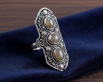Labradorite Statement Ring, Vintage Silver Boho Ring, Triple Stone Gemstone Ring, Handmade Filigree Ring, Ethnic Tribal Jewelry