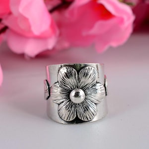 Sterling Silver Wide Band Flower Ring Handmade Boho Statement Jewelry Vintage Adjustable