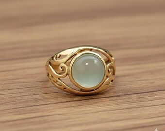 Opal Style Gold Ring, Round Cabochon Gemstone Ring, Vintage Filigree Ring, Statement Gold Ring, Gift for Her
