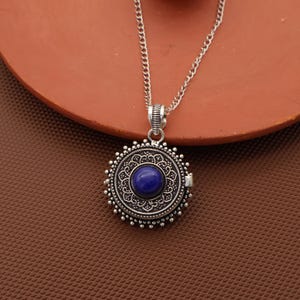 Silver Poison Box Pendant Necklace with Blue Stone Secret Locket