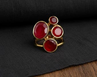 Red Stone Cluster Ring, Gold Statement Ring, Boho Cocktail Ring, Multi Stone Ring, Bold Handmade Jewelry Gift