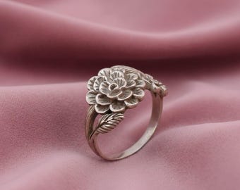Vintage zilveren bloemenring, antieke bloemenring voor vrouwen, handgemaakte botanische sieraden, verstelbare statementring, cadeau voor haar