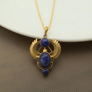 Egyptian Style Lapis Lazuli Pendant Necklace, Handmade Brass Jewelry, Boho Festival Necklace, Spiritual Healing Gemstone Gift for Her