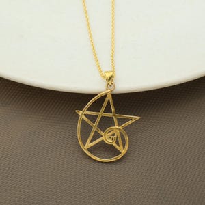 Gold Pentagram Necklace – Wiccan Pagan Jewelry with Spiral Crescent Design