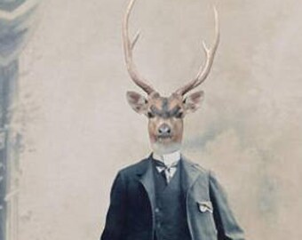 Deer Art Print, Animal in Suit, Mixed Media Collage 5 x 7 Inch Print, Masculine Wall Art, Animal Wall Art, Man Cave Decor, frighten