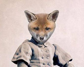 Animal in Clothes Art, 8 x 10 Inch Print, Fox Art, Victorian Portrait, Animal in Dress, Anthropomorphic Art, Nursery Decor, frighten