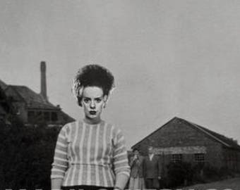 Halloween Decor Bride of Frankenstein Art Print, Black and White, 8.5 x 11 Inches, Collage Art Print, Creepy Artwork