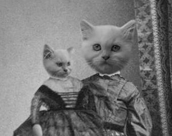 Persian Cat Art 8.5 x 11 Inch Print, Black and White Victorian Girl and Doll, Anthropomorphic Animal in Clothes Mixed Media Collage Print