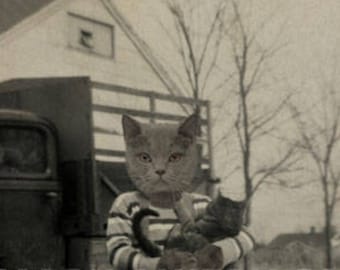 Gray Cat Art Print, Anthropomorphic Cat Photography, Farm Boy Holding Cat Mixed Media Collage, 8 x 10 Inch Print, frighten, Cat Gift Idea