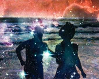 Surreal Collage Art Print, Romantic Space Art Wall Decor, 8.5 x 11 inch print, Celestial Silhouette of Couple