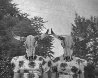 Halloween Decor Creepy Twins Art Cow Skull Black and White Mixed Media 8 x 10 Inch Collage Art Print, Creepy Artwork