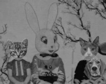 Weird Easter Dog and Cat Art Print, Creepy Cute Anthropomorphic Art, 8x8 on 8.5 x 11 Inch Paper, Cat Gift Idea