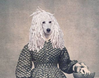 White Poodle Collage Art Print, Victorian Dog in Dress Animal in Clothes 5x7 Inch Print, Anthropomorphic Animal Wall Decor, Dog Gift Idea