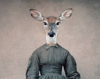 Deer in Dress Animal in Clothes Mixed Media Collage Art Print, 8x10 Print, Oddities, Animal Portrait, Rustic Wall Decor