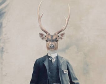 Stag Art Deer in Suit 8x10 Inch Print, Victorian Animal in Clothes Masculine Wall Art, Gift for Men, Deer Antlers Art