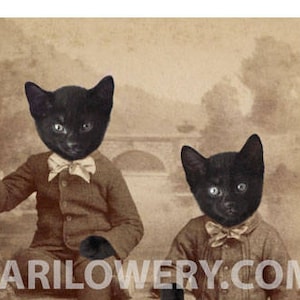 Black Cats Twin Brothers Animals in Clothes 8 x 10 Inch Art Print, Anthropomorphic, Victorian Animals, Halloween Decor, Cat Gift Idea