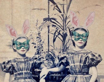 Victorian Girls Art, 8.5 x 11 Inch Print, Mixed Media Collage, Unusual Art Print, Girls in Rabbit Ears, Buttefly Masks, Girlie Decor