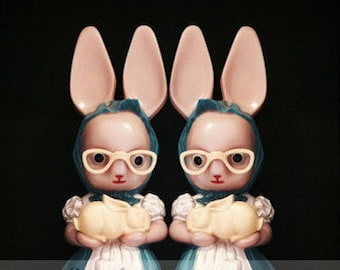 Creepy Cute Rabbit Twins Weird Easter Art, Pink Vintage Plastic Bunny Rabbit Dolls Photography Print, 8x8 on 8.5 x 11 paper