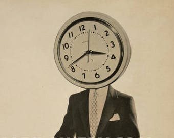 Surreal Art 8.5 x 11 Inch Paper Collage Print, Clock Art, Retro Wall Decor, Gift for Men, Unusual Wall Art, frighten