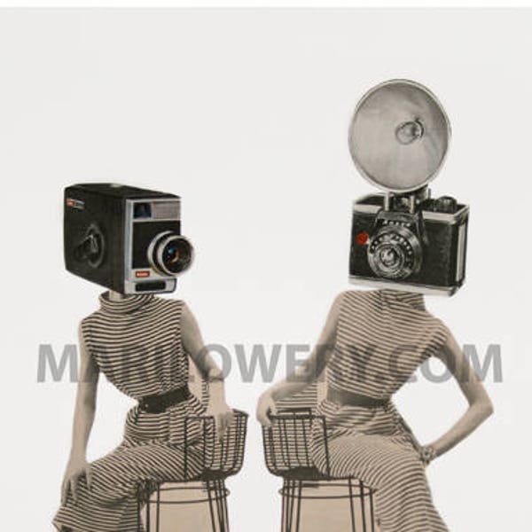 Surreal Art Print, Vintage Camera Art, Paper Collage Print, Black and White 8 x 10 Inch Print, Retro Fashion Decor, Dorm Room Decor