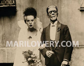 Frankenstein Art, 8 x 10 Inch Print, Bride and Groom, Halloween Decor, Mixed Media Collage, Frankenstein Wedding, frighten, Creepy Artwork