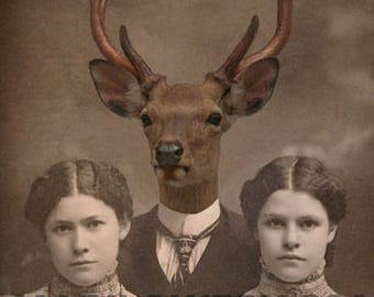 Stag Art Print, Creepy Twins with Deer in Suit Anthropomorphic 8x10 Inch Collage Art Print, Masculine Wall Art