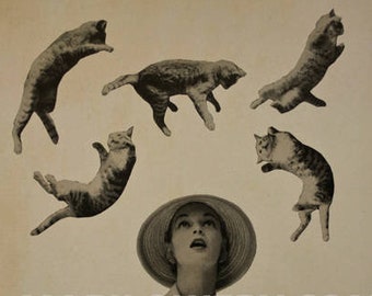 Cat Art Print, It's Raining Cats, Retro Surreal Art Paper Collage Print, Whimsical Cat Decor, 8 x 10 Inch Print, Cat Gift Idea