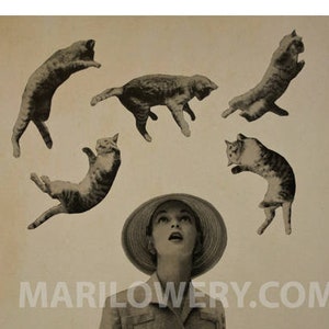 Cat Art Print, It's Raining Cats, Retro Surreal Art Paper Collage Print, Whimsical Cat Decor, 8 x 10 Inch Print, Cat Gift Idea